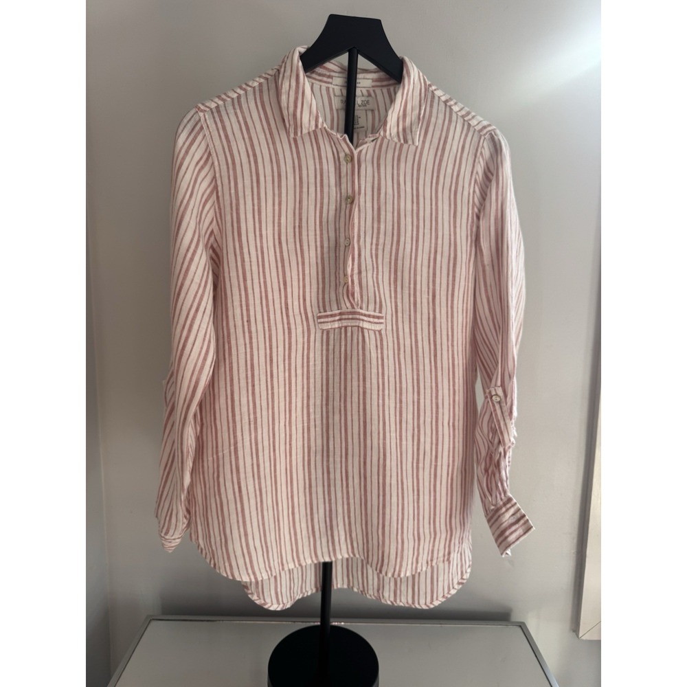 Rachel Zoe 100% Linen Top Women's M Pink White Coastal Chic‎ Roll Tab Sleeves